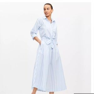 LOFT Cotton Poplin Light Blue White Striped Long Midi Summer Shirt Dress 8P